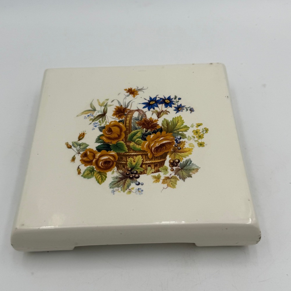 Vintage Arnels Ceramic Trivet Hot Plate Floral Basket Design Footed Square 6in